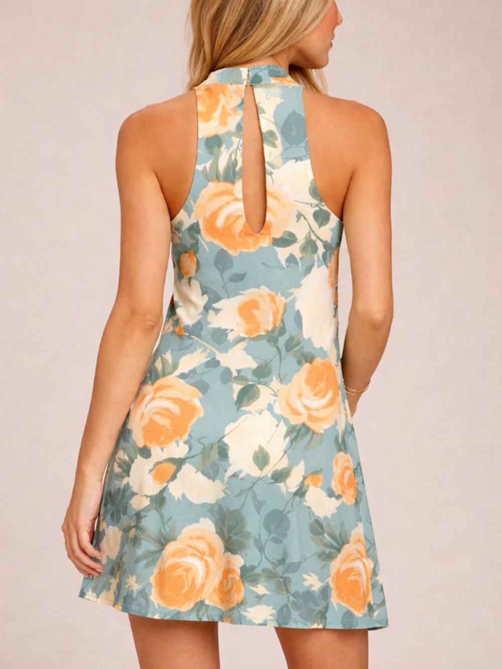 Lulus Floral Halter Keyhole Mini Swing Dress Blue Peach Size S - Picture 2 of 7